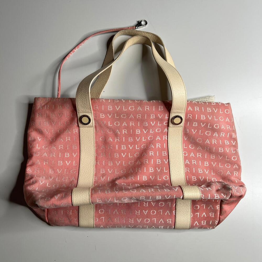 Bvlgari Pink Canvas Logo Tote Bag Italy Made Large Shoulder Bag